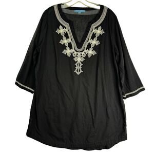 Antonio Melani Embroidered Lightweight Cotton Swimsuit Coverup Tunic Top Black L